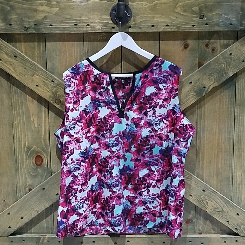 ELLEN TRACY SLEEVELESS FLORAL BLOUSE SIZE XL PURPLE PINK BLACK